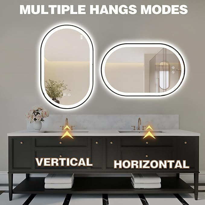 Niccy Oval LED Mirror for Bathroom, 48x30 Front Lit + Backlit Vanity Mirrors with Light Anti-Fog, Shatter-Proof, 3 Colors, Makeup Mirror with Black Frame (Horizontal/Vertical)