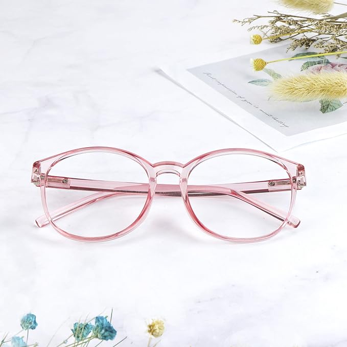 LifeArt Round Blue Light Blocking Glasses, Computer Glasses, Gaming Glasses, TV Glasses for Women Men (Clear Pink, 2.50 Magnification)