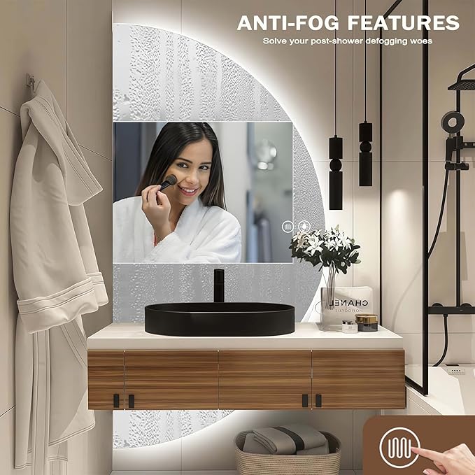 Half Moon Mirrors for Wall, 44"x22" Led Bathroom Mirror with Lights - 3-Color Backlit & Stepless Dimming-Anti-Fog-Modern Vanity Mirror-Shatterproof Glass-Memory