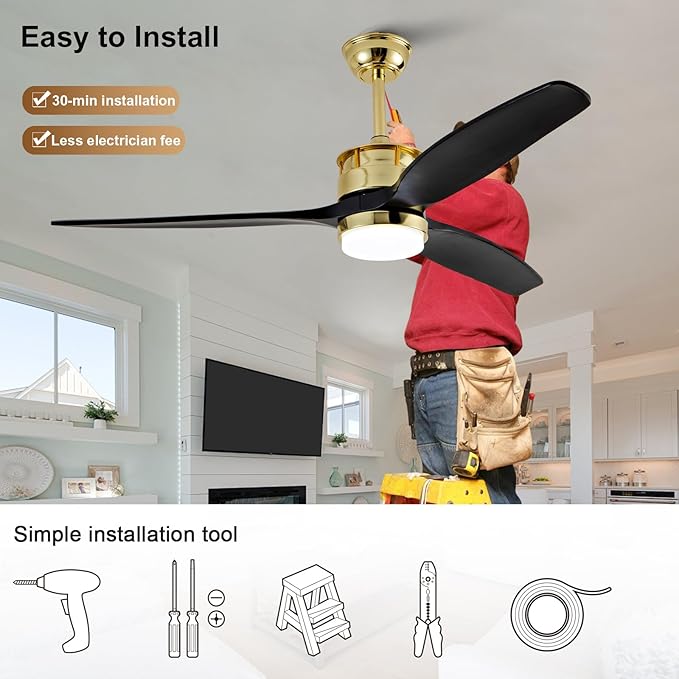 BOJUE 52 Inch Black Gold Ceiling Fans with Lights and Remote, Reversible Quite DC Motor,6 Speeds with Memory Program,Modern Farmhouse Wood Ceiling Fan with Light for Living Room Patio