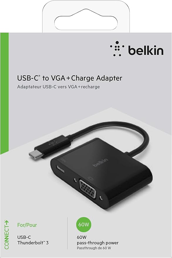 Belkin USB-C to VGA + Charge Adapter - USB-C to VGA Cable for MacBook Pro, MacBook Air, Mac mini, iPad Pro 12.9”, iPad mini & Other Compatible Devices - 60W Power Delivery