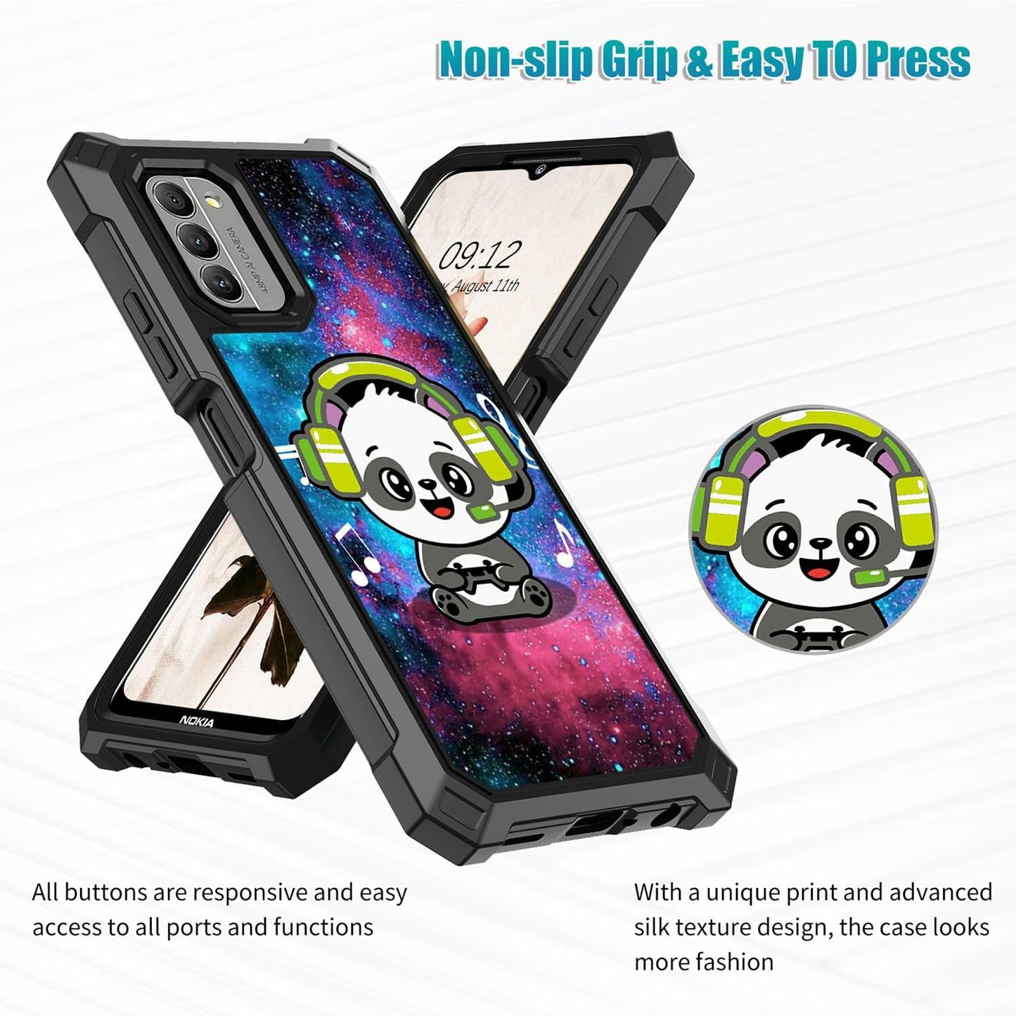 Nokia G310 Case with Glass Screen Protector, 360 Full-Body Hard PC & Soft TPU Bumper, Shockproof - Music Panda 5G 2023.