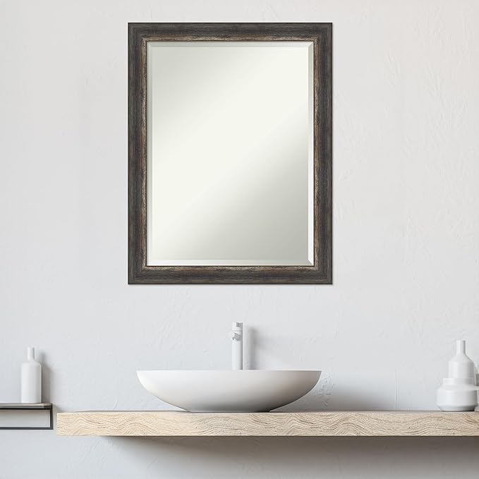 Amanti Art Brown Bathroom Mirror for Over Sink, 27x21 Bark Rustic Char Narrow Rectangle Vanity Mirror, Medium Country Rustic Frame, Hangs Horizonally and Vertically, Bathroom Wall Decor, Beveled Edge