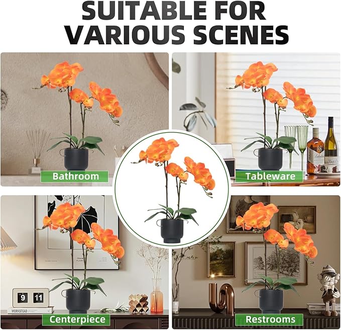 CXGS Orchids Artificial Flowers Real Touch Fake Flowers in Ceramic Pot 20" Orange Faux Orchid Plant Lifelike Silk Phalaenopsis for Centerpiece Hotel Home Indoor Decor