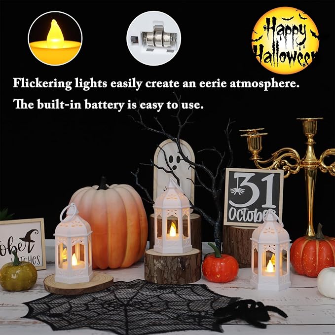 LLQ 8 Pcs Mini Lantern Decor Moroccan Lantern with Flickering LED Candle Table Centerpiece Small Vintage Wedding Hanging Lamp Ornaments Bulk for Wedding Halloween Christmas Party (5 Inch,White)
