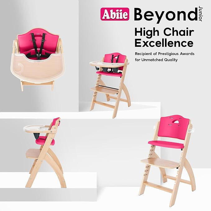 Abiie Beyond Junior Wooden High Chair with Tray - Adjustable and Convertible High Chair for Babies and Toddlers - 6 Months to 250 Lb - Water Resistant - Natural Wood/Raspberry Cushion