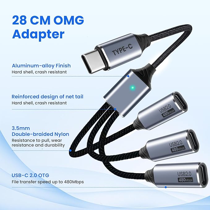 USB C Splitter 3 Port with USB Adapter for Data Transfer, USB-C Splitter for Charging, Male to Multi Type-C Female Cable Compatible with Smartphone, PC, Flash Drive, Keyboard, Printer