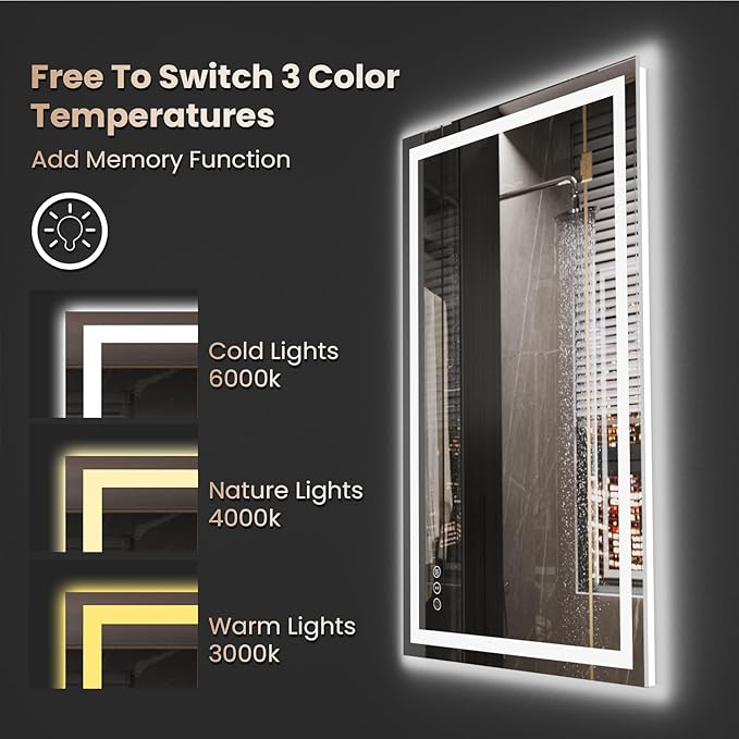 40"X32" LED Bathroom Mirror with Front Lights and Backlit, Anti-Fog, Dimmable, Shatter-Proof Tempered Glass, Lighted Bathroom Vanity Mirror for Wall with 3 Colors, Memory Function