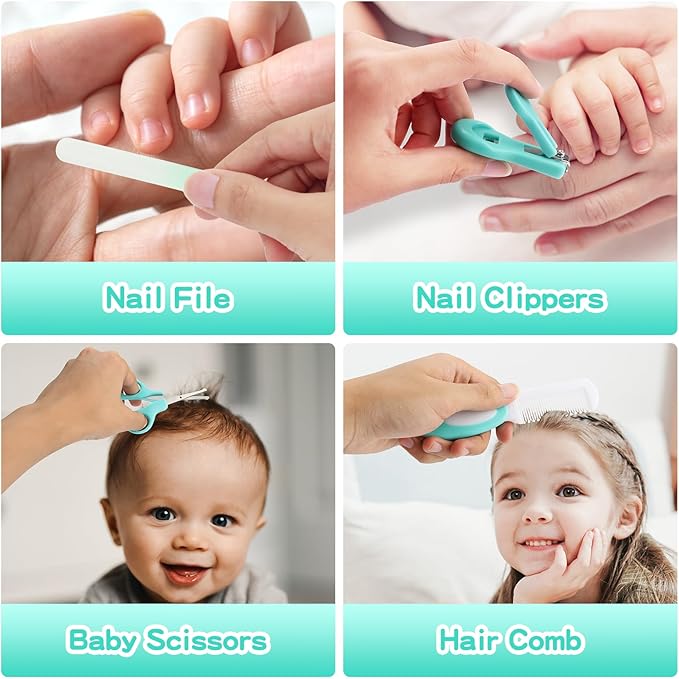 Baby Healthcare and Grooming Kit, 21 in 1 Portable Baby Essentials Kit with Gas Relief Hair Brush Comb Nasal Aspirator for Newborn Boys Girls (21 Kits-Green)