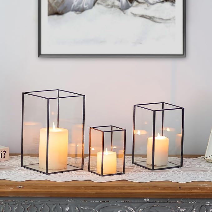Glasseam Hurricane Glass Candle Holder, Black Candle Holders Set of 3, Square Metal Modern Candle Holder, Modern Large Candle Holders for Table Centerpiece Wedding Christmas Decorative