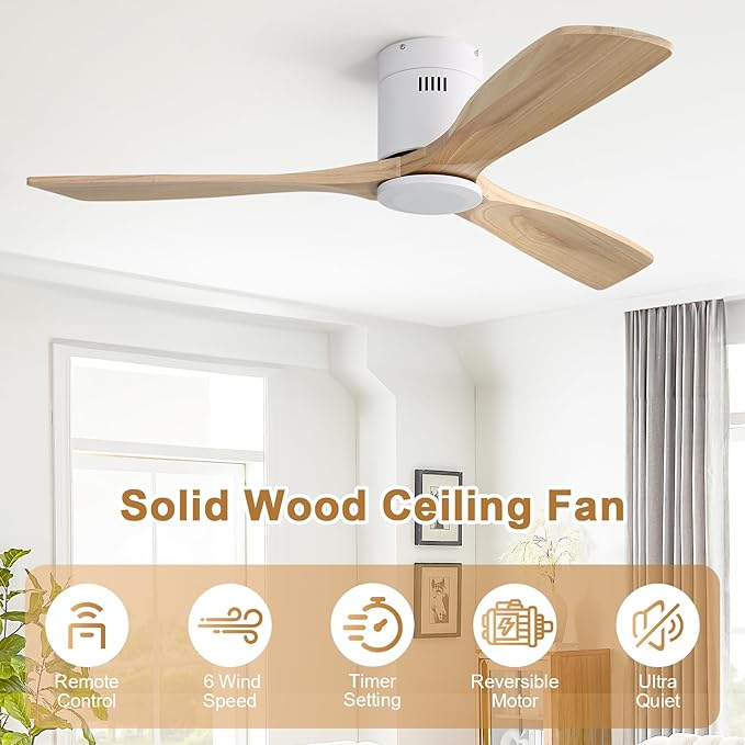 Sofucor 52 Inch Ceiling Fan No Light, Solid Wood Ceiling Fans Without Lights Remote Control, Reversible DC Motor, 6-Speed, Flush Mount Indoor/Outdoor Ceiling Fans for Patios, Bedroom and Farmhouse