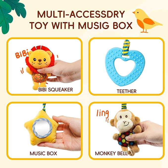 Jollybaby Crib Stroller Car Seat Toys for Baby 0-3-6-9-12 Months, Tummy Time Hanging Sensory Toys for Newborn with Music Box and Teether, Spiral Carseat Toy for Infant Boys Girls Gifts (Little Lion)