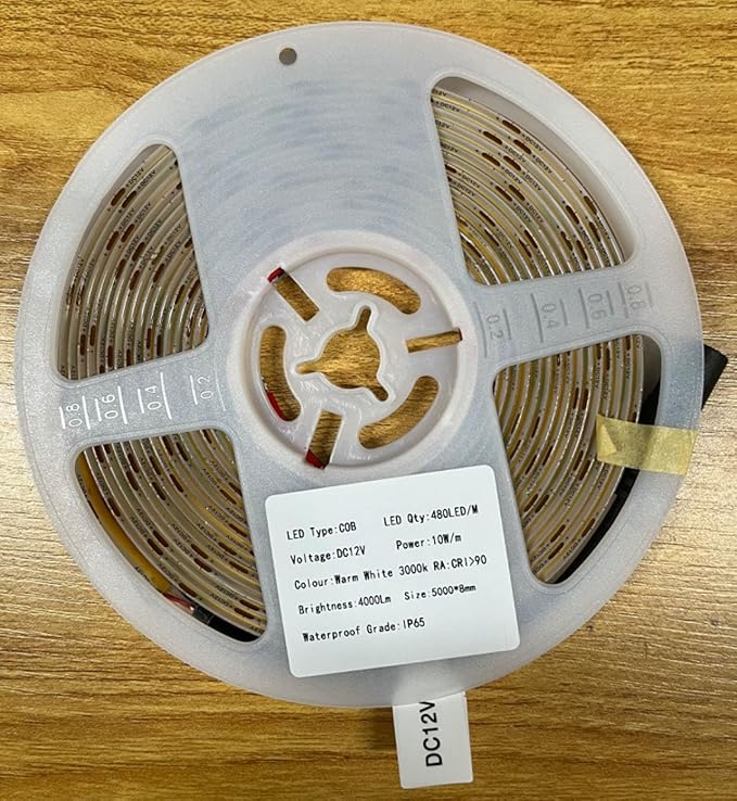 TOPAI 12V COB LED Strip Light 3000K Warm White Waterproof IP65 480LEDs/M Super Bright 4000Lm CRI>90 16.4ft/5M Dotless High Density Cuttable Flexible for Cabinet Home DIY Lighting Projects
