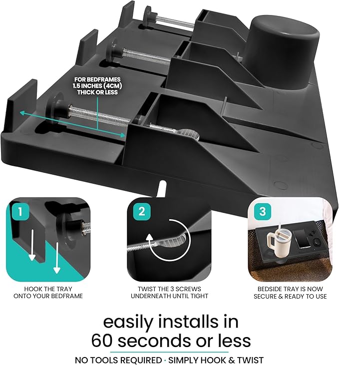 Modern Innovations Large Black Bedside Shelf for Bed, 1 Count Clip On Nightstand with Cup Holder and Cord Holder, College Dorm Bunk Bed Shelf for Top Bunk or Kids Bedroom