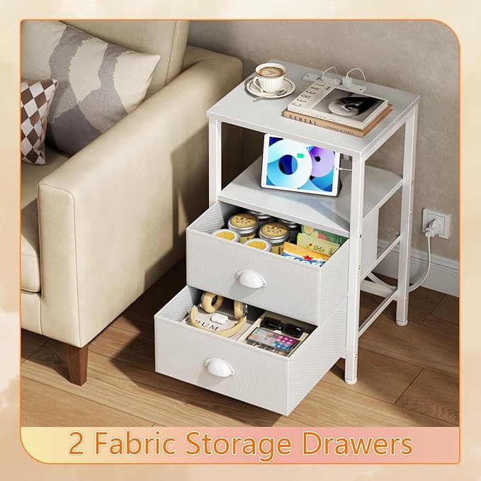 Furologee LED Night Stand with Charging Station, White Nightstand with Fabric Drawers, Bedside Table with Storage Shelf, End Table for Living Room/Bedroom/Dorm