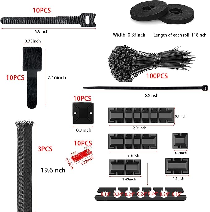 189PCS Cable Management Kit, 6 Cable Sleeve40 Cable Clips with 11Cord Holders, 2 Roll Self Tie, 10 Self Adhesive Cord Organizer, 100 Fastening Cable Ties,10 Cable Zip Tie Mounts