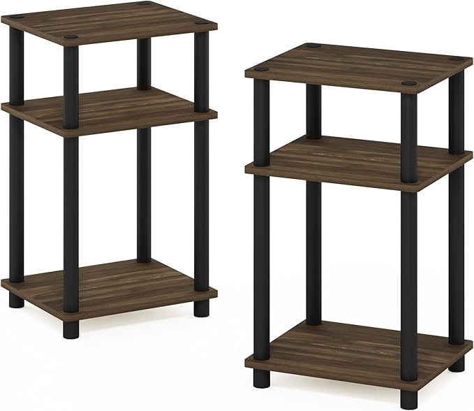 Furinno JUST Night Stand Set of 2, 3-Tier Turn-N-Tube Nightstand, Toolless Bedside Tables, End Table, Side Table with Open Storage for Bedroom, Living Room, Bathroom, Columbia Walnut