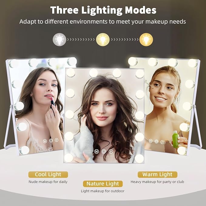 Lighted Makeup Mirror, Hollywood Vanity Mirror with Lights, Makeup Mirror with Lights for Desk, 3 Color Modes and 12 Dimmable Bulbs, Smart Touch Control