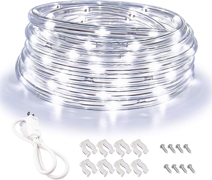 LED Rope Lights, 16ft Daylight White Strip Lights with Clear PVC Jacket, Connectable and Flexible, Waterproof for Indoor Outdoor use, 110V Plugin Tape Lighting with High Brightness 3528 LEDs