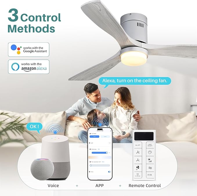 Sofucor 52 Inch Smart Ceiling Fans with Lights-Flush Mount Low Profile Modern Outdoor Solid Wood Ceiling Fans with Alexa/Google Assistant/APP/Remote Control for Bedroom/Farmhouse/Patio, Silver Grey