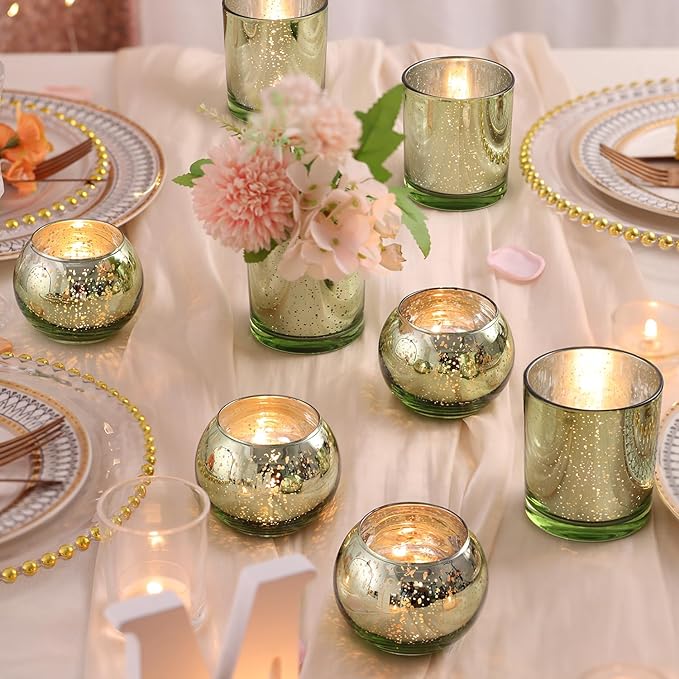 10 Pcs Assorted Green Votive Candle Holders, Larger Size Mercury Glass Candle Holder, Sage Green Tealight Candle Holder for Wedding, Votive Holders for Party Centerpieces for Table