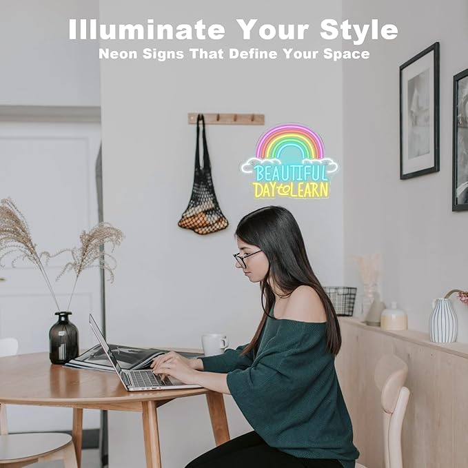 Beautiful Day to Learn LED Neon Sign, 16.5"x12.6" USB Powered, Dimmable, 5V/2A, for Classroom, Study Cornor Home, Gift, Office, Bedroom, Lifelong Learner