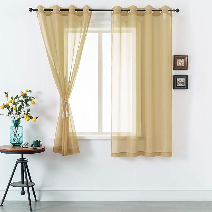 DUALIFE Antique Natural Taupe Sheer Curtains 63 Inch Length Grommet Light Brown Tan Beige Semi Voile Curtain Panels Window Drapes for Living Room and Bedroom Window Treatments 2 Panels 52 x 63 Inch