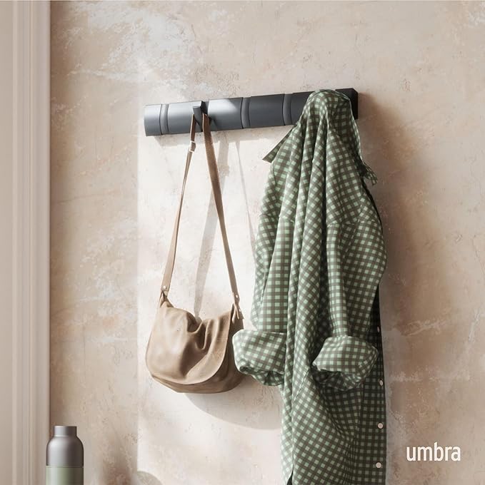 Umbra Flip Wall-Mounted Coat Rack with 5 Hooks – Modern, Space-Saving Storage for Hats, Jackets, Bags, Entryway, Mudroom, Closet, Bathroom, Bedroom – Black