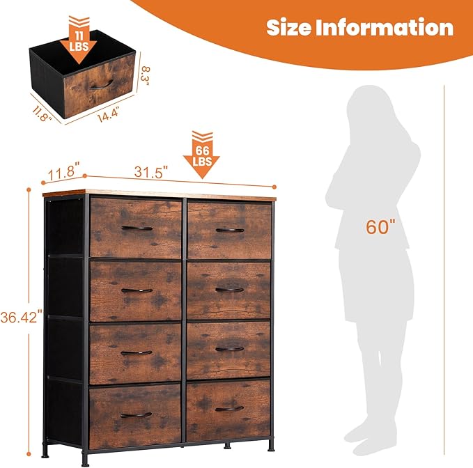 Sweetcrispy Dresser for Bedroom with 8 Storage Drawers, Large Fabric Storage Tower Organizer, Chest of Drawers with Metal Frame Wooden Top for Nursery, Closet, Living Room, Entryway, Rust Brown