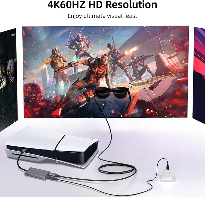 USB C to AR Glasses and Charging Adapter,Charge and Play,4K@60Hz Video,PD 100W Fast Charging,Compatible with AR Glasses, Switch2, Laptops,Phone17/16/15,Vitue,Steam Deck & Type-C Phone