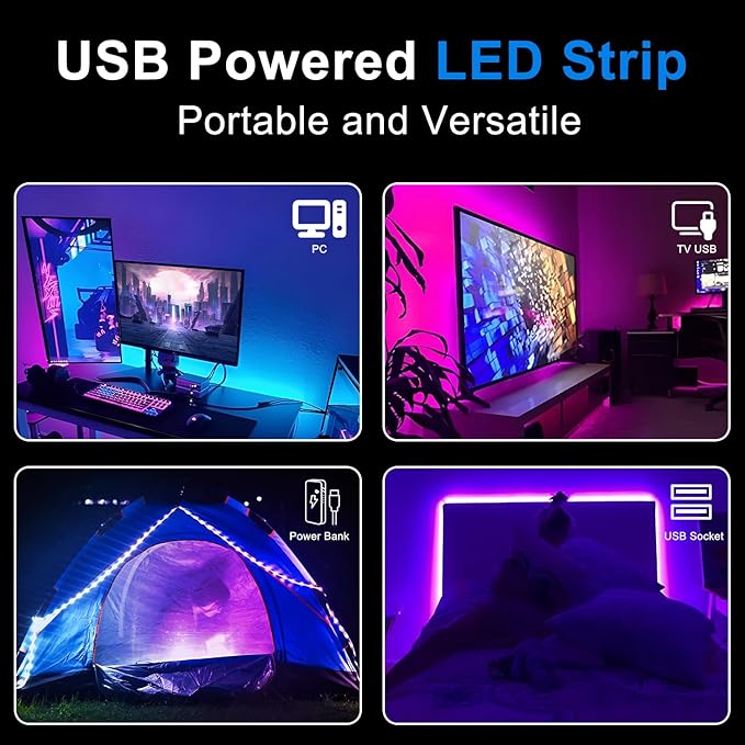 CHARKEE 50ft LED Lights USB-Powered, RGB Strip Lighting for Bedroom/TV Backlight/Gaming Lighting, Color Changing Bluetooth Led Lights with Smart App Control, Music Sync Sound Reaction