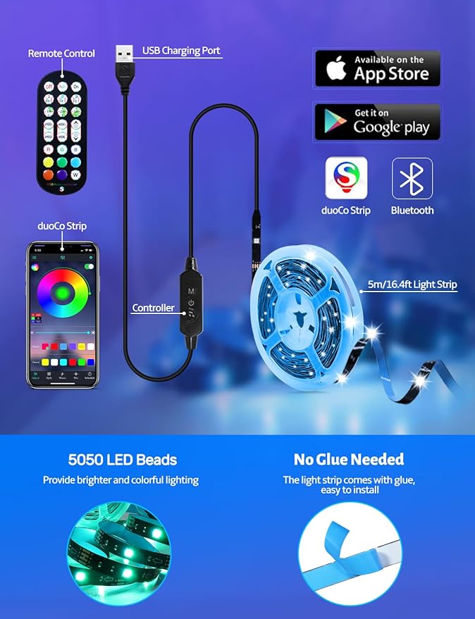 MATICOD LED Lights for TV Led Backlight, 16.4ft RGB Led Strip Lights for TV Lights Behind, USB Led Light Strip for 55-70in TV, Bluetooth APP Control Music Sync Ambient Lighting for Gaming Room
