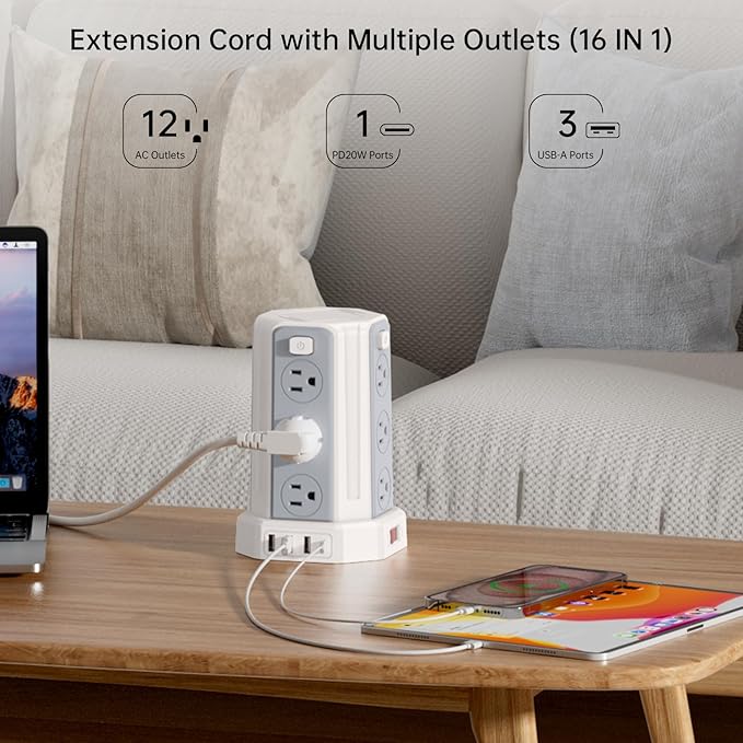 Power Strip Surge Protector, 10 Ft Extension Cord with 12 AC Multiple Outlets 4 USB (1 USB C), SMALLRT Power Tower Desktop Charging Station