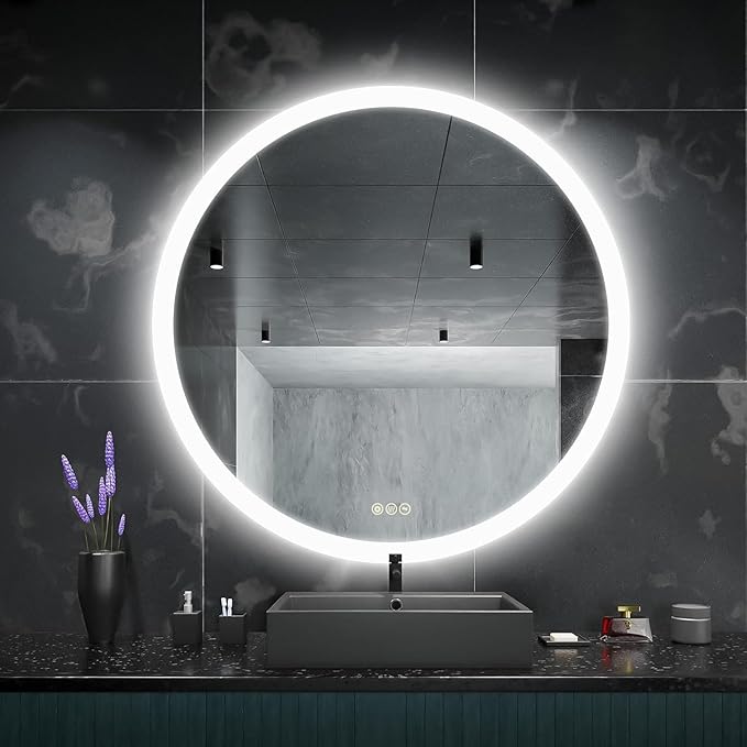 Wall-Mounted LED Round Bathroom Mirror, Makeup Mirror (36inches x36 inches,) 3 Color Stepless Dimmable Memory Bathroom Vanity Mirror with Lights CRI90+ 3000-6400K Smart Mirror with Touch