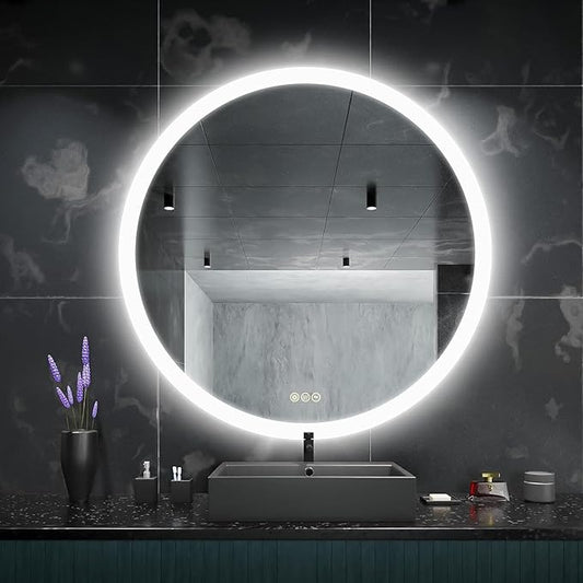 Wall-Mounted LED Round Bathroom Mirror, Makeup Mirror (36inches x36 inches,) 3 Color Stepless Dimmable Memory Bathroom Vanity Mirror with Lights CRI90+ 3000-6400K Smart Mirror with Touch