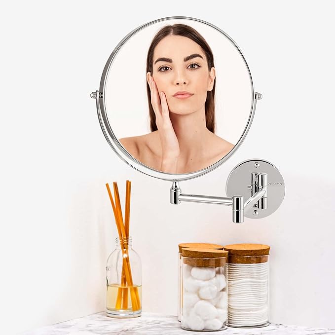 OVENTE 9" Wall Mounted Makeup Mirror with 1X/10X Magnification, Double Sided Magnifying Round Bathroom Vanity Mirror, 360° Swivel Design, Extendable and Folding Arm, Polished Chrome MNLFW90CH1X10X