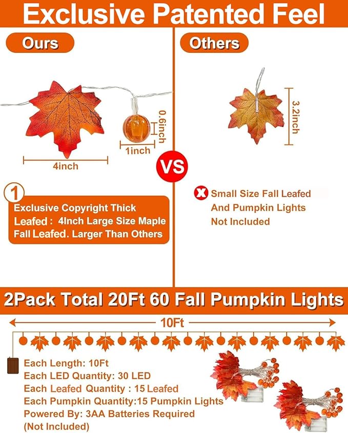 2 Pack Thanksgiving Decorations Fall Garland with Pumpkin Lights Fall Decorations for Home, Total 60 LED 20 Ft Maples Leaves Thanksgiving Lights Battery Operated Autumn Decor Indoor Outdoor Christmas