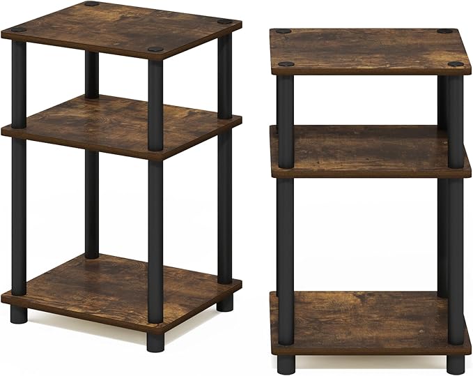 Furinno JUST Side Table Set of 2, 3-Tier End Tables, Open Shelves Night Stand, Nightstand, Toolless Assembly, for Living Room, Bedroom, Amber Pine