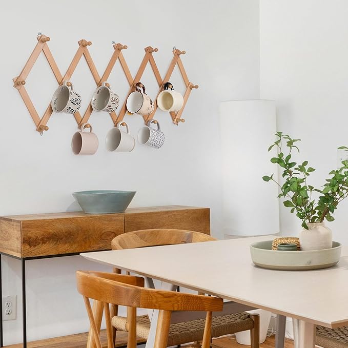 Wall Rack with 16 Hooks, Wooden Wall Expandable Coat Rack for Coat, Hats, Baseball Caps, Coffee Mug, Jewelry(Natural)