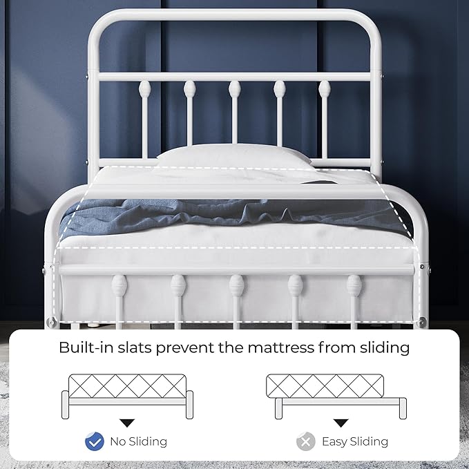 Yaheetech Classic Metal Platform Bed Frame Mattress Foundation with Victorian Style Iron-Art Headboard/Footboard/Under Bed Storage/No Box Spring Needed/Twin Size White