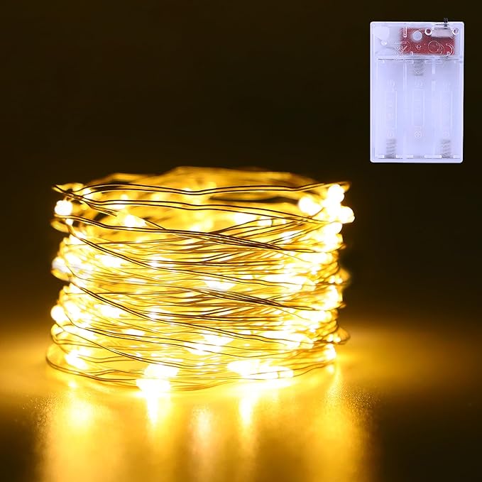 Fairy Lights Battery Operated 16.4Ft 50 LED Silver Copper Wire Twinkle Lights with 2 Lighting Modes for Christmas Bedroom Wedding Dorm Party Holiday Yard Decoration (Warm White)