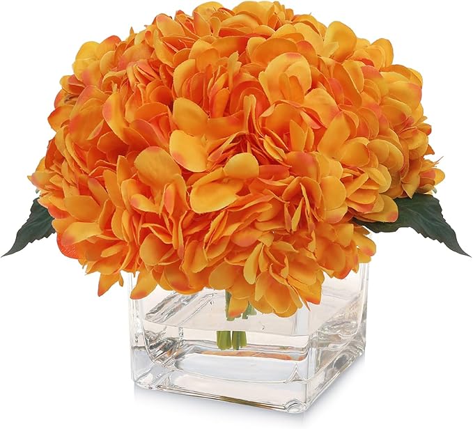 Silk Hydrangea Artificial Flowers in Vase with Faux Water, Silk Flower Arrangements in Vase for Wedding, Dining Table, Living Room (Orange)