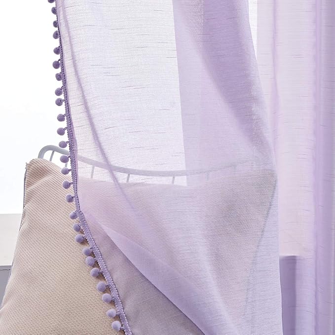 Treatmentex Pompom Sheer Curtains for Living Room 72" Lilac Window Drapes Lavender Voile Curtain for Girls' Room 2panels Rod Pocket