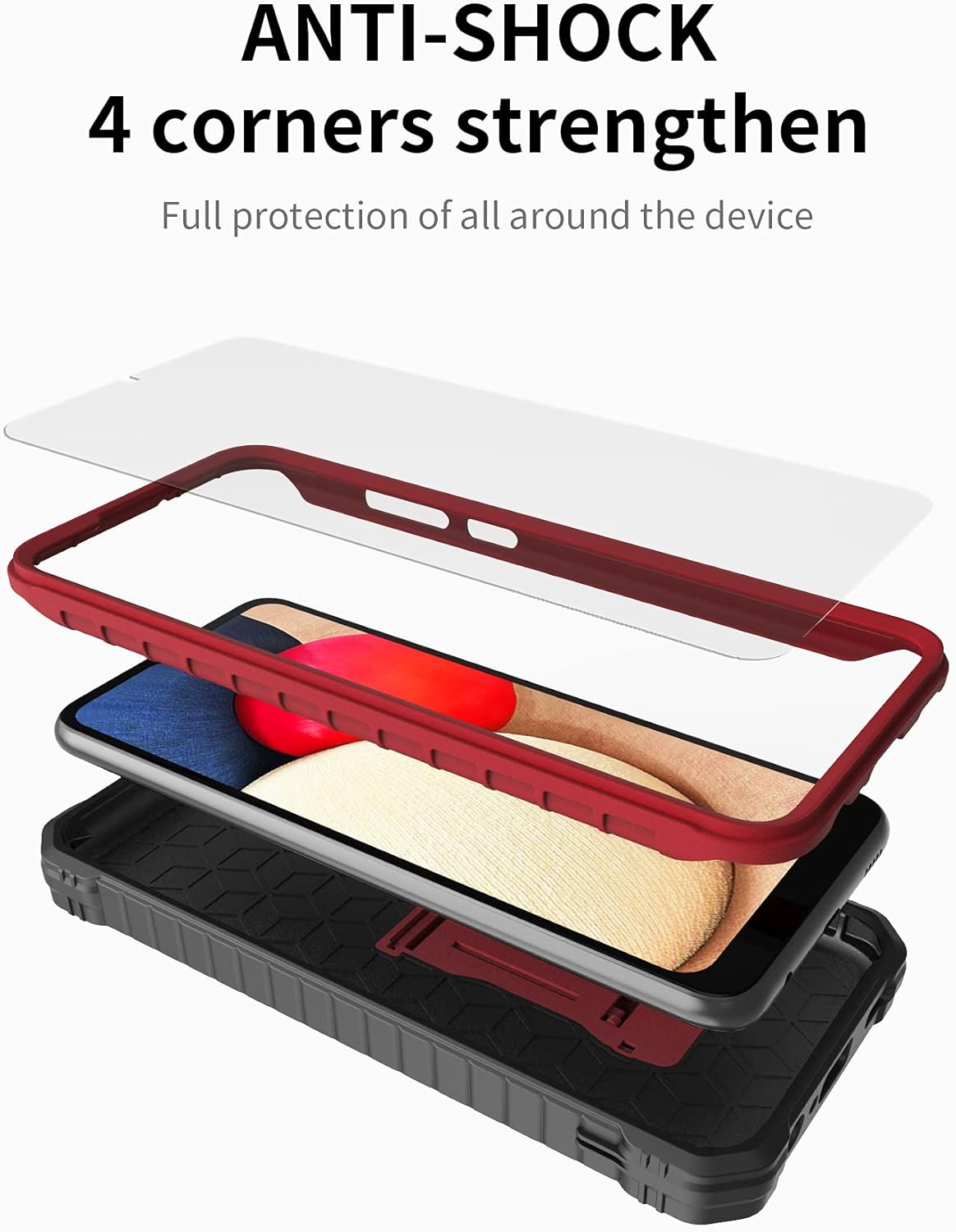 DUOPAL for Samsung Galaxy A02S Case - Military Grade Protection Shockproof Case with Tempered Glass Protector (Red)