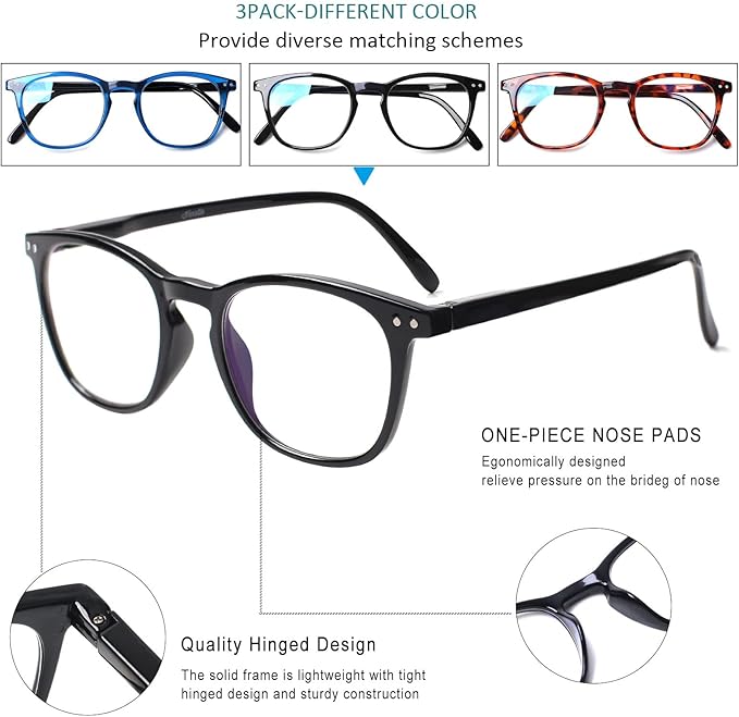 Henotin 3-Pack Blue Light Blocking Reading Glasses,Spring Hinge Computer Readers for Men Women,Anti UV Ray Filter Eyeglasses (3 Mixed Color, 1.0)