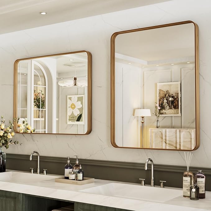 LOAAO 30X36 Inch Bathroom Mirror with Wood Grain Colored Metal Frame, Rounded Rectangle Metal Framed Bathroom Mirror, Anti-Rust, Hangs Horizontally or Vertically, Tempered Glass