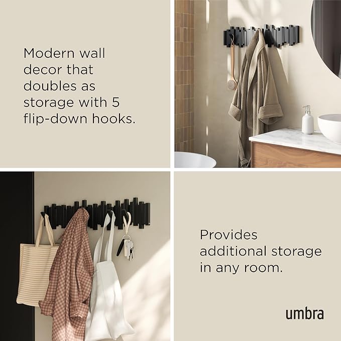 Umbra Sticks Wall-Mounted Coat Rack Rail Hook with 8 Retractable Pegs – Modern, Space-Saving Storage Organizer, Black