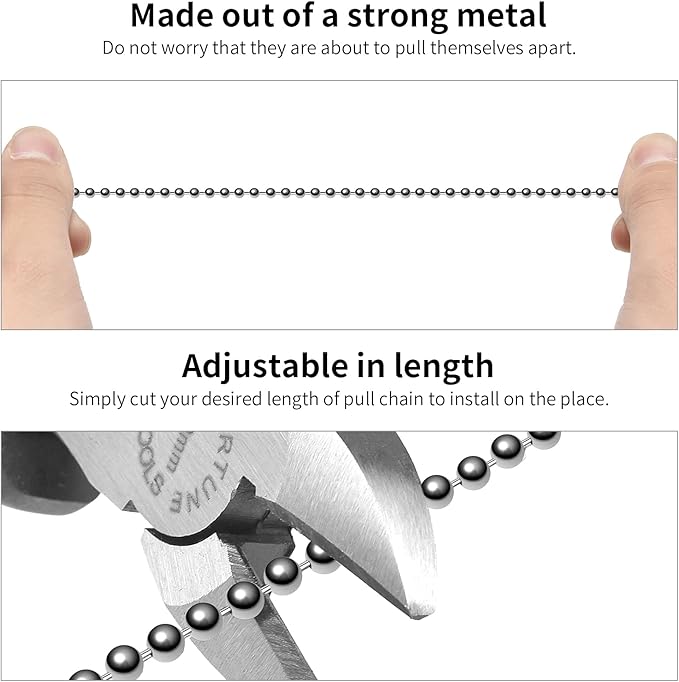 Ceiling Fan Pull Chain, 120" Rust Proof Copper 3mm Beaded Ball Light Pulls Extension Chains with 12 Connectors, Silver