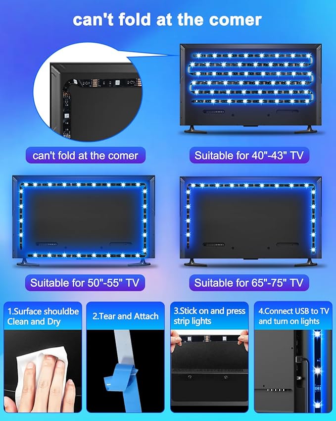 Daymeet LED Lights for TV 40-65 inch TV Behind Lighting, 13.1ft TV Led Backlight TV Led Light Strip, USB Powered RGB Lights Behind with Remote, Music Sync Bluetooth APP Control for Bedroom