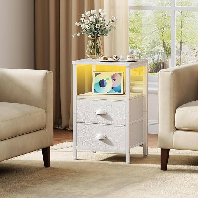 Furologee LED Night Stand with Charging Station, White Nightstand with Fabric Drawers, Bedside Table with Storage Shelf, End Table for Living Room/Bedroom/Dorm
